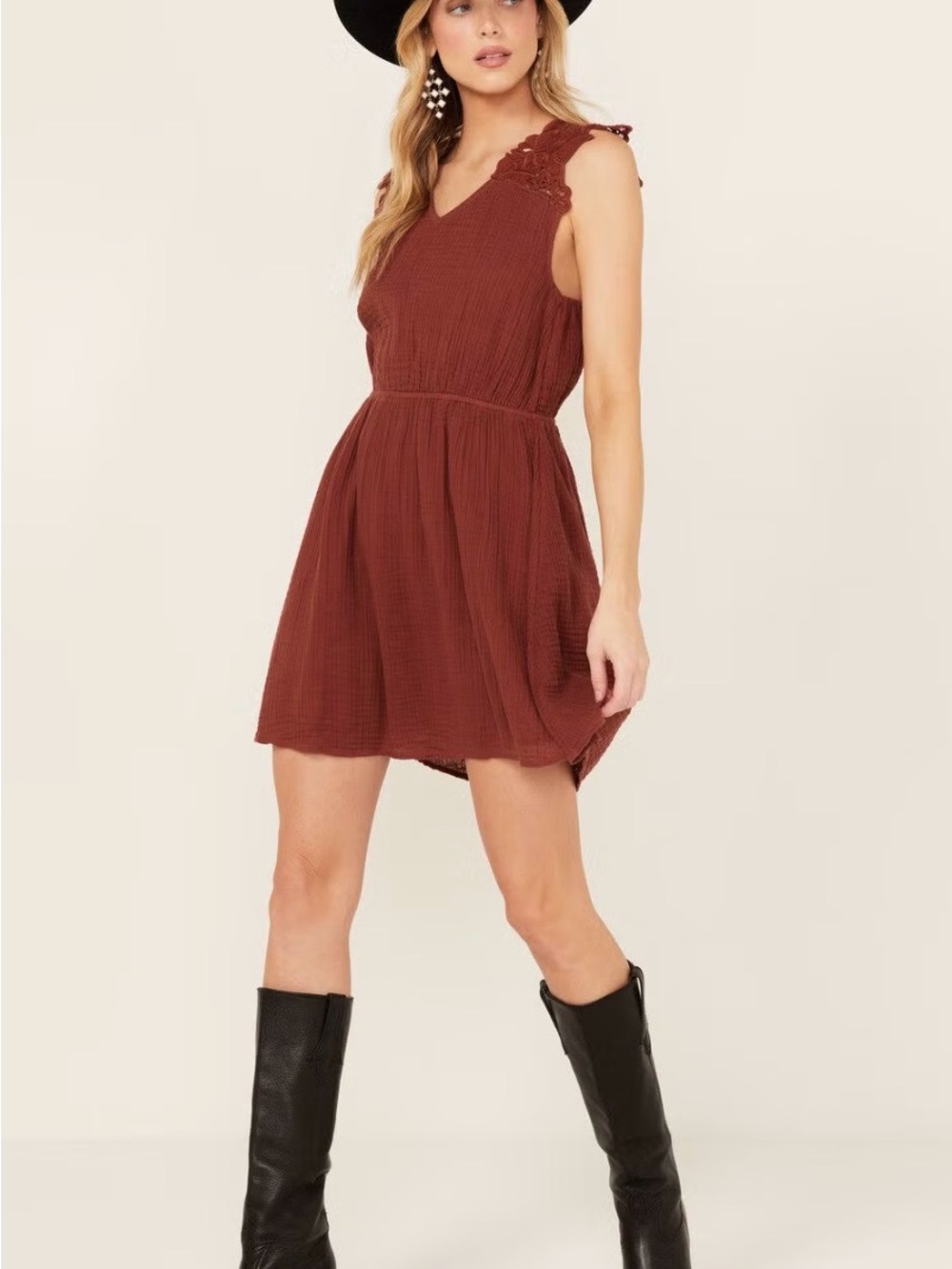 Textured Lace-Shoulder Mini Dress in Rust